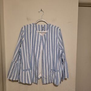 IS Laura Scott Women's Blue White Striped Ruffle Sleeve Jacket Pockets Size 8/10